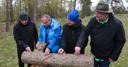 Beteiligte am Naturschutzprojekt beim Animpfen von Pilzen an einem Baumstamm
